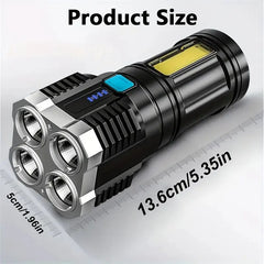 4-Core LED USB Rechargeable Flashlight with COB Side Light