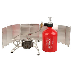 Multifuel Camping Stove with Windshield & Adapter for Butane, Petrol, Kerosene - Outdoor Cooking Gear